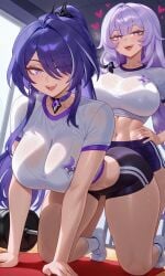 2girls acheron_(honkai:_star_rail) ai ai-created ai_art ai_generated ass_on_crotch black_bra black_swan_(honkai:_star_rail) breast_press dry_humping dumbbell gym gym_clothes gym_uniform hair_ornament heart heart-shaped_pupils high_ponytail honkai:_star_rail honkai_(series) hourglass_figure hoyoverse large_ass large_breasts large_butt large_buttocks large_thighs long_hair looking_at_viewer mature_body mature_female mature_figure mature_woman see-through_clothing see-through_shirt smile wide_hips yuri