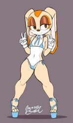 2025 accessory aged_up anthro bikini biped blue_bikini blue_clothing blue_footwear blue_necktie blue_sandals blue_swimwear breasts brown_eyelids brown_eyes brown_nose camel_toe closed_smile clothed clothed_anthro clothed_female clothing cream_the_rabbit dated double_v_sign eyelashes female female_anthro floppy_ears footwear front_view full-length_portrait fur gesture gloves grey_background half-closed_eyes hand_gesture handwear hi_res high_heeled_sandals high_heels lagomorph leporid looking_aside mammal mouth_closed multicolored_body multicolored_ears multicolored_fur narrowed_eyes navel necktie nipple_outline orange_body orange_ears orange_fur pigeon_toed pink_inner_ear platform_footwear platform_heels portrait pupils rabbit sandals sega shirt_collar shoes signature simple_background skimpy small_breasts smile solo sonic_(series) sonic_the_hedgehog_(series) standing swimwear tan_body tan_ears tan_fur two-piece_swimsuit two_tone_ears v_sign wayesh white_body white_clothing white_fur white_gloves white_handwear wide_stance