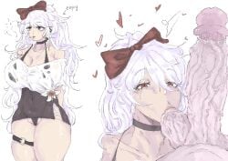 1futa 1girls accessory arena_of_valor arms_behind_back balls big_breasts big_penis big_thighs bodily_fluids choker cock darkbiom female_focus hair_between_eyes huge_breasts penis pussy red_eyes revealing_clothes ribbon see-through_clothing short_skirt silver_hair sinestrea_(arena_of_valor) sucking sucking_balls sweat sweatdrop thighs tied_hair uncensored veiny_penis