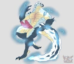 2025 2_penises action_pose animal_genitalia animal_penis anthro balls barazoku biceps black_body black_claws black_scales blue_body blue_scales capcom claws daikuhiroshiama electricity electricity_manipulation elemental_manipulation erection fanged_wyvern fangs fur genitals hair hemipenes hi_res lightning looking_aside male male_only monster_hunter multi_genitalia multi_penis multicolored_body multicolored_tail on_one_leg open_mouth orange_eyes pecs penile_spines penis pose pupils red_sclera scales simple_background slit_pupils solo spiky_fur spiky_hair standing tail tan_balls teeth tobi-kadachi toe_claws tongue triceps white_background white_body white_fur