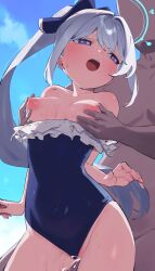 1boy 1girls absurdres blue_archive blue_halo blue_one-piece_swimsuit blue_sky breasts cloud commentary_request cum dark-skinned_male dark_skin day female female_focus goe_(g-o-e) grey_hair halo highres light-skinned_female light_skin long_hair medium_breasts miyako_(blue_archive) miyako_(swimsuit)_(blue_archive) nipples official_alternate_costume one-piece_swimsuit open_mouth outdoors ponytail purple_eyes rabbit_squad_(blue_archive) sex sex_from_behind sky solo_focus srt_special_academy_student standing standing_sex straight sweat swimsuit
