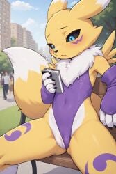 accidental_exposure ai_generated anthro black_sclera blue_eyes crowd detached_sleeves digimon digimon_(species) female leotard leotard_aside oblivious park phone pussy renamon sitting spread_legs white_body yellow_body young