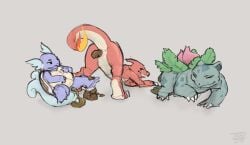 2026 ambiguous_gender ambiguous_pooping animal_genitalia anthro anus artist_name ass_up blue_body charmeleon claws cloaca closed_eyes dated feces feces_on_body feces_on_feet feces_on_ground feces_pile feet feral fire flaming_tail generation_1_pokemon genitals green_body group hi_res ivysaur jadeder looking_back narrowed_eyes nintendo open_mouth plant pokemon pokemon_(species) pooping_on_floor pooping_together raised_tail red_body scat scatplay shell tail tan_body text trio wartortle