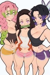 ai_generated big_ass big_breasts demon_slayer dolphin_shorts kamado_nezuko kanroji_mitsuri kimetsu_no_yaiba kochou_shinobu mitsuri_kanroji multiple_girls nezuko_kamado small_breasts thick_thighs