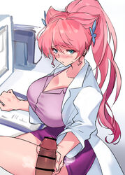 1boy bangs bar_censor blue_eyes breasts butterfly_hair_ornament censored cleavage clipboard coat collarbone eyebrows_visible_through_hair female frown hair_ornament handjob highres huge_breasts labcoat long_hair long_sleeves looking_at_viewer maria_cadenzavna_eve monitor negresco pencil_skirt penis pink_hair ponytail purple_shirt purple_skirt senki_zesshou_symphogear shirt skirt solo_focus straight sweat