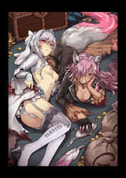 2girls animal_ears asymmetrical_bangs bangs black_gloves blue_eyes boots breasts cardigan choker cinderella_(sinoalice) claws cleavage coin dress eyebrows_visible_through_hair gloves grin jacket knee_boots long_hair long_sleeves looking_at_viewer mibry_(phrysm) multiple_girls open_mouth panties parted_lips pink_hair purple_eyes short_hair silver_eyes sinoalice smile snow_white_(sinoalice) tail teeth thighhighs tiara underwear white_footwear white_hair wolf_ears wolf_tail zettai_ryouiki