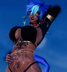 3d 3d_(artwork) 3d_model black_lipstick blue_hair breasts cat_ears cat_tail cleavage final_fantasy final_fantasy_xiv large_breasts lexi_(lexicat_nsfw) lexicat_nsfw miqo'te oiled_body oiled_up short_hair tan-skinned_female tattoo_on_arm tattoo_on_belly tattoo_on_face tattooed_arm tattoos toned_female wet yellow_eyes