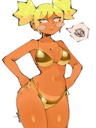 1girls 2d 2d_(artwork) 2d_artwork artist_watermark average_breasts background bangs bangs_between_eyes bare_arms bare_navel bare_shoulders bikini blush blushing blushing_female brawl_stars breasts cleavage digital_art digital_drawing_(artwork) digital_media digital_media_(artwork) female female_only gold_bikini golden_bikini green_hair hair hand_on_hip hands_on_hips hips lime_hair line_art looking_away looking_up mandy_(brawl_stars) medium_breasts navel no_sex not_porn pastel_hair pose posing sfw short_hair short_twintails simple_background solo solo_focus speech_bubble string_bikini string_panties tagme tagme_(artist) tan_line tan_lines tan_skin thick_thighs tied_hair twintails voluptuous watermark white_background wide_hips yellow_eyes
