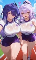 2girls acheron_(honkai:_star_rail) ai ai-created ai_art ai_generated black_swan_(honkai:_star_rail) bra breasts_on_breasts gym_clothes gym_uniform hair_ornament hand_on_arm heart heart-shaped_pupils high_ponytail honkai:_star_rail honkai_(series) hourglass_figure hoyoverse large_ass large_breasts large_butt large_buttocks large_thighs long_hair looking_at_viewer mature_body mature_female mature_figure mature_woman running_track see-through_clothing see-through_shirt smile stadium_background wide_hips yuri