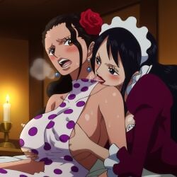 2girls ai_generated baby_5 black_hair grabbing_breasts grabbing_from_behind jarentr lesbian licking_neck one_piece red_lipstick saliva viola_(one_piece) visible_breath yuri