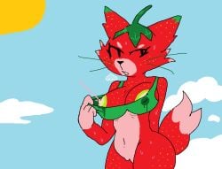 anthro areola ass bodily_fluids bottomless bottomless_anthro bottomless_female bra bra_only bra_pull breasts breath cheek_tuft clothed clothing clothing_pull cloud day dipstick_ears dipstick_tail domestic_cat ear_markings elemental_creature facial_tuft fakemon felid feline felis female flora_fauna food food_creature fur genitals gloves_(marking) green_areola green_body green_bra green_clothing green_fur green_nipples green_underwear lactating lactating_juice lactating_through_clothing mammal markings multicolored_ears narrowed_eyes navel nipples outside plant solo strawpurry_(theonetruesinner) sun sweat sweaty_body tail tail_markings theonetruesinner tuft underwear underwear_only underwear_pull unusual_bodily_fluids unusual_lactation unusual_sweat vulva wet wet_bra wet_clothing wet_underwear whiskers