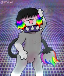 3_fingers arm_tuft bangs black_hair clitoris collar female fingers flat_chested fur generation_2_pokemon genitals geometric_background grey_body grey_fur grid_background hair hidden_eyes multicolored_hair multicolored_tail nintendo nude nude_female paintbrush_tail pattern_background pkfreak pokemon pokemon_(species) pokemorph rainbow_hair rainbow_tail shoulder_tuft simple_background smeargle smile solo spiked_collar spikes tail tongue tongue_out tuft vivi_(psykwol) vulva webcore