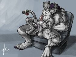 2023 accessory anal anal_penetration anthro anthro_on_anthro anthro_penetrated anthro_penetrating anthro_penetrating_anthro ball_tuft balls beard bell black_beard black_facial_hair black_nose canid canine claws dated duo erection facial_hair felid fur furgonomics genitals glistening glistening_eyes grey_body grey_eyes grey_fur grin hair head_tuft hufnaar male male/male male_penetrated male_penetrating male_penetrating_male mammal markings model_sheet nude open_mouth pantherine penetration penile penile_penetration penile_spines penis penis_in_ass purple_claws purple_hair sex simple_background sitting sitting_on_armchair smile spread_legs spreading striped_arms striped_legs striped_markings striped_tail stripes tail tail_accessory tail_bell tail_markings tiger tuft white_balls