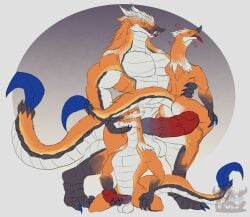 2025 anthro balls barazoku biceps big_balls big_penis bird_wyvern capcom caressing caressing_face carrying_another closed_eyes daikuhiroshiama fangs fur genitals group heart_symbol hi_res holding_another hooked_tail izuchi kneeling looking_at_viewer looking_pleasured male male/male mane monster_hunter multicolored_body orange_body orange_eyes orange_fur pecs penis pupils red_penis simple_background size_difference slit_pupils standing teeth tongue tongue_out triceps trio white_balls white_body yellow_sclera