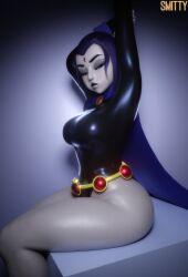 1girls 3d 3d_(artwork) bbl cloak dc_comics gray_skinned_female grey_skin grey_skinned_female leotard looking_at_viewer neutral_expression purple_eyes purple_eyes_female purple_hair purple_hair_female raven_(dc) sitting smitty34 superheroine teen_titans thick_thighs thighs violet_eyes violet_hair