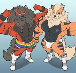 2boys arcanine bara furry furry_male furry_only hisuian_arcanine hisuian_form muscular muscular_male muto20002 pokemon pokemon_(species) pokemon_legends:_arceus pokemon_rgby pride_color_clothing pride_color_flag pride_color_underwear pride_colors pride_flag pride_month