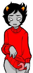 1boy accurate_art_style alien alien_humanoid black_hair bodily_fluids bodily_fluids_drip bodily_fluids_on_penis bottomless bottomless_male child_bearing_hips femboy femboy_focus femboy_only hair hips homestuck homestuck_troll horns humanoid humanoid_hands kankri_vantas long_penis male male_only ms_paint_adventures no_panties orange_horns penile red_sweater sharp_teeth short_hair solo solo_male sprite sprite_art sprite_edit sweater teeth teeth_showing tentacle_penis topwear topwear_only transparent_background twink unknown_artist unusual_anatomy unusual_eyes unusual_genitalia unusual_penis unusual_pupils white_eyes