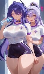 2girls acheron_(honkai:_star_rail) ai ai-created ai_art ai_generated black_swan_(honkai:_star_rail) bra drinking_water gym_clothes gym_uniform hair_ornament hand_on_another's_arm hand_on_another's_hip hand_on_hip hand_on_waist heart heart-shaped_pupils high_ponytail honkai:_star_rail honkai_(series) hourglass_figure hoyoverse indoors large_ass large_breasts large_butt large_buttocks large_thighs long_hair looking_at_viewer mature_body mature_female mature_figure mature_woman see-through_clothing see-through_shirt smile water_bottle water_break wide_hips yuri