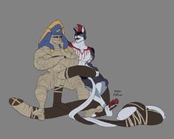 5:4 anthro balls balls_frottage big_balls big_penis black_body blue_eyes bodily_fluids canid canine canis claws clothing crossed_arms duo egyptian egyptian_clothing egyptian_headdress eye_of_horus fake_beard feet genital_fluids genitals grey_background hair handjob hi_res huge_balls huge_penis humanoid hyper hyper_balls hyper_genitalia hyper_penis joyhouser khamun male mammal markings meeper multicolored_body mummy nemes_(clothing) not_furry pawpads penile penis precum prehensile_balls prehensile_penis red_claws red_hair saggy_balls sex simple_background sitting smile smiling_at_another soles spread_legs spreading striped_markings stripes undead wolf wraps yellow_eyes