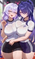 2girls acheron_(honkai:_star_rail) ai ai-created ai_art ai_generated black_bra black_swan_(honkai:_star_rail) breast_press gym_clothes gym_uniform hair_ornament heart-shaped_pupils high_ponytail honkai:_star_rail honkai_(series) hourglass_figure hoyoverse large_ass large_breasts large_butt large_buttocks large_thighs long_hair looking_at_viewer mature_body mature_female mature_figure mature_woman see-through_clothing see-through_shirt smile wide_hips yuri