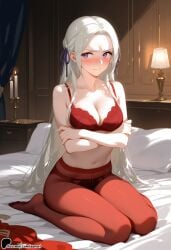 ai_generated arm_under_breasts bed bed_sheet bedroom blush bra breast_hold breasts crossed_arms curtains edelgard_von_hresvelg female fire_emblem fire_emblem:_three_houses hair_ribbon lamp long_hair navel on_bed panties pantyhose pillow purple_eyes ribbon sitting sitting_on_bed solo sunori underwear