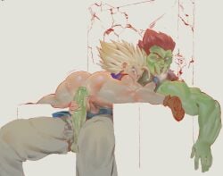 2boys age_difference big_ass big_penis bigger_male black_eye blonde_hair bojack bruised dragon_ball femboy gay green_eyes green_skin holding_face holding_penis imminent_penetration male_focus male_only mr._bingle power_bottom red_hair reverse_rape small_penis smaller_male son_gohan splits white_skin yaoi