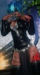 3d 3d_model black_lipstick blue_hair breasts cleavage clothed final_fantasy final_fantasy_xiv glasses large_breasts lexi_(lexicat_nsfw) lexicat_nsfw miqo'te oiled oiled_body oiled_up tan-skinned_female tattoo tattoo_on_thigh tattooed_arm tattoos toned_female