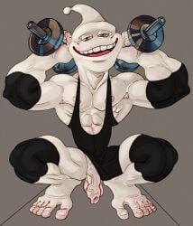 abs absurd_res barbell barbell_squats black_clothing clothing crouching feet flaccid foreskin genitals hands_behind_head hi_res humanoid johhny_paste leotard long_feet long_penis looking_at_viewer male muscular muscular_arms muscular_legs narrowed_eyes nipples not_furry pecs penis pink_nipples pink_tongue ravuer showing_armpit simple_background small_waist smile smiling_at_viewer solo teeth thick_foreskin timmy_the_tooth tongue toothpaste vein veiny_penis white_body white_skin