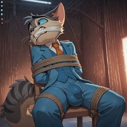 ai_generated animated anthro bondage brown_nose cloth_gag feline femboy furry gagged gay grey_fur hydrai lackadaisy male male_only rocky_rickaby scared scared_expression sexy_pose striped_body tagme tied_to_chair tied_up video
