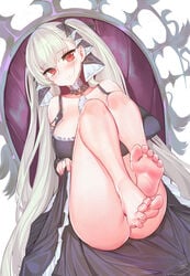 1girls azur_lane bare_legs barefoot breasts dress eyebrows_visible_through_hair feet female formidable_(azur_lane) frilled_dress frills grey_hair large_breasts legs long_hair red_eyes ribbon silver_hair soles solo suerte toes twintails