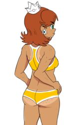 ass crown dark-skinned_female earrings female freckles green_eyes mario_(series) nintendo panties princess_daisy sesameseedfun solo sports_bra tan tan_skin tanline tanlines