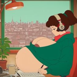 ai ai-created ai_art ai_generated areola_slip areolae belly_button big_areola big_belly big_breasts brown_hair city city_background cityscape coffee_cup coffee_mug cozy day daytime female flat_colors focus focused green_hoodie headphones hoodie huge_belly huge_breasts lofi_girl lofi_girl_(youtube) navel neutral_expression outie_navel popped_navel pregnant pregnant_female red_scarf scarf solo writing youtube