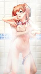 1boy bangs bikini bikini_around_one_leg bikini_lift blush breast_grab censored doukyuusei_another_world eyebrows_visible_through_hair female game_cg grabbing grabbing_from_behind hair_ribbon long_hair mosaic_censoring navel nipples official_art open_mouth orange_hair red_eyes ribbon sendou_airi sex shiny shiny_hair showering standing standing_sex straight striped striped_bikini swimsuit twintails white_bikini yellow_ribbon