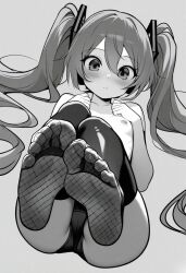 ai_generated big_eyes black_panties blush cute feet feet_up fishnets flat_chest foot_focus greyscale hatsune_miku light-skinned_female light_skin nipples teenage_girl teenager viewed_from_above vocaloid