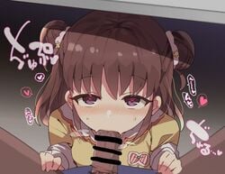 1girls bangs bar_censor blowjob_under_table blush brown_hair censored clothing double_bun eyebrows_visible_through_hair fellatio female flower hair_flower hair_ornament heart idolmaster idolmaster_cinderella_girls long_hair looking_at_viewer male munakata_atsumi open_mouth oral penis purple_eyes renoa_yu shirt under_the_table