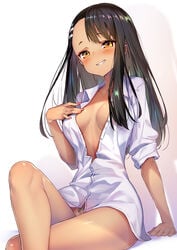 1girls black_hair blush bottomless breasts brown_eyes clothed clothing female female_focus female_only hayase_nagatoro hi_res hong_(white_spider) long_hair looking_at_viewer medium_breasts pinup please_don't_bully_me,_nagatoro pose pubic_hair revealing_clothes shirt simple_background smile solo teasing thighs white_background wide_hips