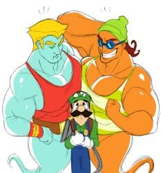 3boys belt biff_atlas blonde_hair blue_body blue_overalls clothing facial_hair gay ghost gloves goggles green_hat green_shirt hat holding_object humanoid johnny_deepend larger_male looking_down looking_down_at_another looking_up looking_up_at_another luigi luigi's_mansion male male_only mario_(series) mawile123 muscles muscular muscular_male nintendo orange_body overalls part_1 red_tank_top shirt short_hair size_difference smaller_male tank_top white_background yaoi