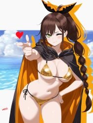 hi_res re:zero_kara_hajimeru_isekai_seikatsu shaula_(re:zero) vkyo 1girls bikini coat orange_coat gold_bikini armpits perfect_body slender_waist slender_body slender slender_build hourglass_figure hourglass_figured_female breasts big_breasts hair_ornament brown_hair long_hair tied_hair braided_hair scorpion_tail finger_gun love_heart green_eyes red_pupils blush blushing blushing_at_viewer perfect_anatomy hand_on_hip hips hips_wider_than_shoulders almost_naked wide_hips wide_hipped_female slim_waist slim_female slim_girl slim_body slim_figure slim_torso torso_shot belly belly_button belly_fetish belly_cutout belly_outline navel navel_cutout navel_line navel_outline navel_fetish tummy midriff midriff_peek midriff_showing midriff_cutout midriff_exposed sexy_body