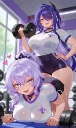 2girls acheron_(honkai:_star_rail) ai ai-created ai_art ai_generated black_bra black_swan_(honkai:_star_rail) breast_press dumbbell gym gym_clothes gym_uniform hair_ornament heart heart-shaped_pupils high_ponytail honkai:_star_rail honkai_(series) hourglass_figure hoyoverse large_ass large_breasts large_butt large_buttocks large_thighs lifting_dumbbell long_hair looking_at_viewer mature_body mature_female mature_figure mature_woman see-through_clothing see-through_shirt smile wide_hips yuri