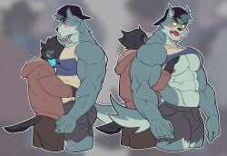 2boys blush boyfriend boyfriends couple couple_(romantic) crow embarrassed embarrassed_expression embarrassed_male gay hugging hugging_another hugging_partner lifting_clothing male_only muto20002 original_character tank_top tank_top_lift tanktop touching_pecs wolf wolf_boy wolf_humanoid