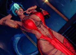 3d 3d_model black_lipstick blue_hair breasts cat_ears cat_tail fangs final_fantasy final_fantasy_xiv large_breasts lexi_(lexicat_nsfw) lexicat_nsfw miqo'te oiled oiled_body oiled_up red_dress revealing_clothes sexy_pose short_hair tattoo tattoo_on_legs tattoo_on_thigh tattooed_arm tattoos thick thick_thighs tounge_out wink yellow_eyes