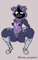 anthro areola armor armored_boots bear bottom_heavy breasts clothing epic_games eye_scar facial_scar female fortnite front_view fur gauntlets genitals gloves handwear horny_bunjester mammal navel nipples obscured_face purple_areola purple_body purple_fur purple_hood purple_nipples raven_team_leader scar small_breasts solo thick_thighs vulva wide_hips