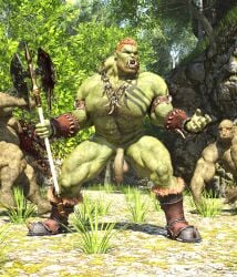 3d accessories_only action_pose axe balls barbarian barbarian_orc battle_axe body_hair boots chest_hair clothing exposed_balls fighting_pose flaccid footwear footwear_only forest forest_background foxmagik fur_boots genitals green_body green_skin group hi_res holding_object holding_weapon humanoid humanoid_genitalia humanoid_penis male male_only melee_weapon mostly_nude nude nude_fight orc outside pecs penis plant pose shoes shoes_only tree troll_(mythology) tusks weapon