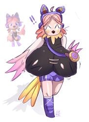 2026 big_breasts big_chest bird bird_girl bird_tail breasts_bigger_than_head cat_headphones clothed clothed_female digital digital_art digital_drawing digital_drawing_(artwork) digital_media digital_media_(artwork) dolly's_factory exclamation_mark female female_only flat_ass headphones headphones_on_head hi-fly liamai mascot_horror reference_image ripped_shirt ripping_shirt roblox roblox_game running self_upload small_ass small_thighs tagme twintails wing_arms wings