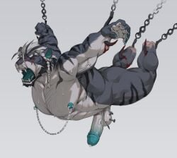 5_fingers abs amputee anthro balls black_body blood bodily_fluids bondage closed_eyes cock_and_ball_torture disability double_amputee erection eye_scar facial_scar felid fingers foreskin genital_fluids genital_torture genitals glans green_glans green_nipples green_tongue grey_background hi_res hook impaled_arm impaled_balls impalement kcalb3rt male mammal missing_feet nail nipple_chain nipple_piercing nipple_ring nipples nude pantherine penis piercing precum retracted_foreskin ring_piercing scar side_view simple_background solo striped_body stripes suspension sweat tiger tongue torture vein veiny_muscles veiny_penis yelling