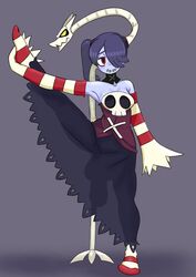 4949_onisan big_balls blush dress flaccid futanari huge_cock leg_up leviathan_(skullgirls) looking_at_viewer onisan_(artist) purple_hair purple_skin red_eyes see-through see-through_clothing skull skullgirls small_breasts smile smiling_at_viewer squigly striped_legwear