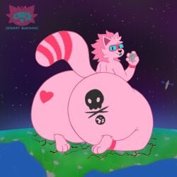 3_toes 4_fingers anthro ass big_butt blue_sclera city city_crushing cracked_ground destruction feet fingers fur fur_markings heart_nose heart_symbol hi_res huge_butt hyper hyper_butt looking_at_viewer macro male mammal markings moon murky_winters planet planet_destruction procyonid raccoon satellite sitting_on_planet skull_(marking) solo space striped_markings striped_tail stripes tail tail_markings toes tongue tongue_out zigzzyracoon