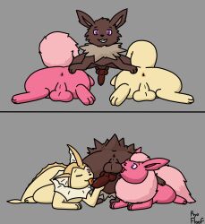 anus backsack ball_lick balls brown_body eeveelution feral flareon generation_1_pokemon genitals group hi_res jolteon licking male male/male nintendo oral penile penis penis_lick pink_body pokemon pokemon_(species) ryothefloofeon sex simple_background tongue trio vaporeon yellow_body