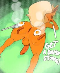anthro anus ass ass_up backsack bacon balls beanshaped big_butt cooking cooking_with_body eeveelution femboy flareon fluffy fluffy_tail food fried_egg fur generation_1_pokemon genitals humanoid_genitalia humanoid_penis male meat neck_tuft nintendo orange_body orange_fur penis pokemon pokemon_(species) solo spatula tail tools tuft