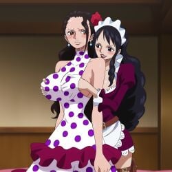 2girls ai_generated baby_5 big_breasts black_hair grabbing_breasts grabbing_from_behind jarentr on_bed one_piece red_lipstick uncomfortable viola_(one_piece) yuri